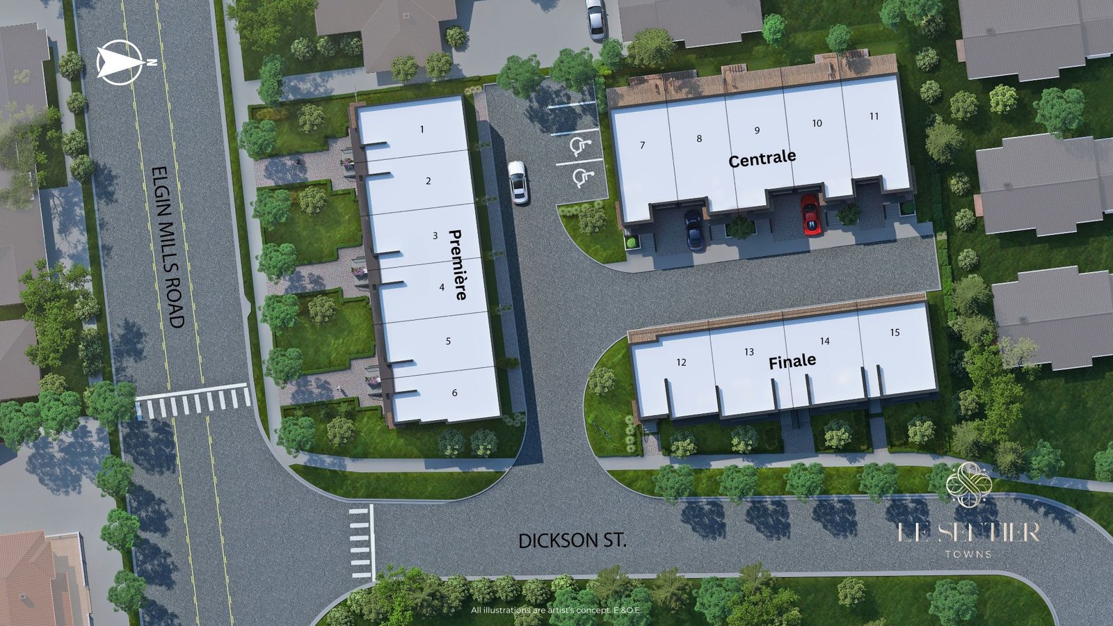 Le Sentier Towns floor plan showing modern townhouse layout with bedrooms, kitchen and living area”
